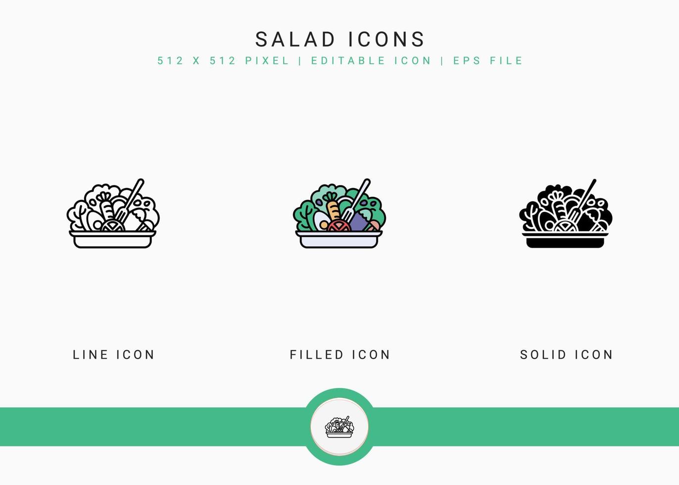 Los iconos de ensalada establecen ilustración vectorial con estilo de línea de icono sólido. concepto de ingredientes veganos saludables. icono de trazo editable sobre fondo blanco aislado para diseño web, interfaz de usuario y aplicación móvil vector