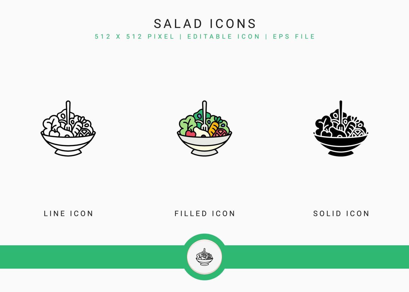 Los iconos de ensalada establecen ilustración vectorial con estilo de línea de icono sólido. concepto de ingredientes veganos saludables. icono de trazo editable sobre fondo blanco aislado para diseño web, interfaz de usuario y aplicación móvil vector