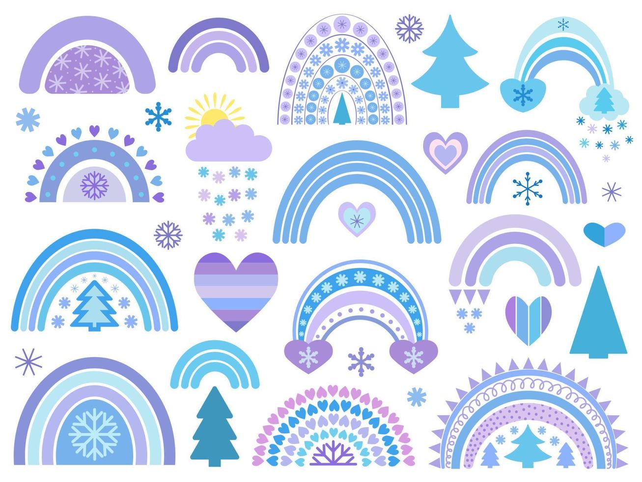 Winter rainbow collection in flat style. Cute illustration in blue on the theme of Christmas, New Year, cozy winter. Rainbows, snowflakes, trees, hearts vector