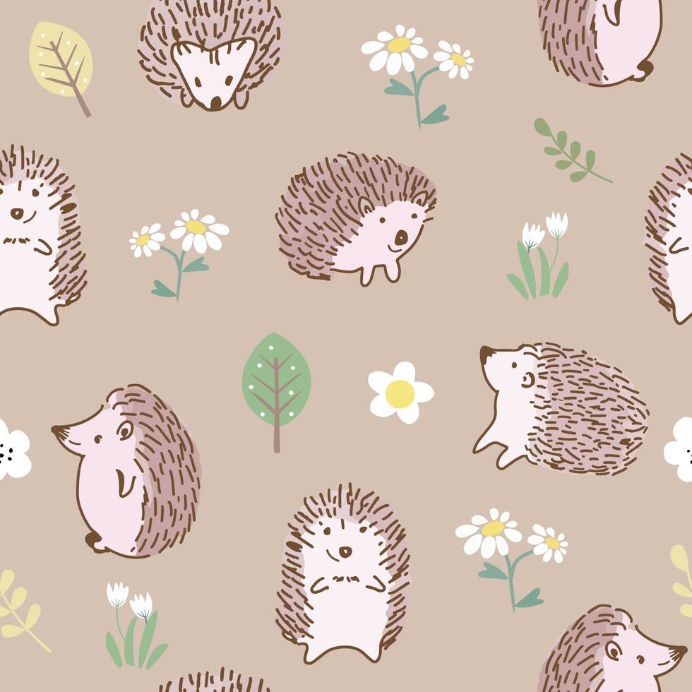 Cute hedgehog in flower garden seamless pattern vector