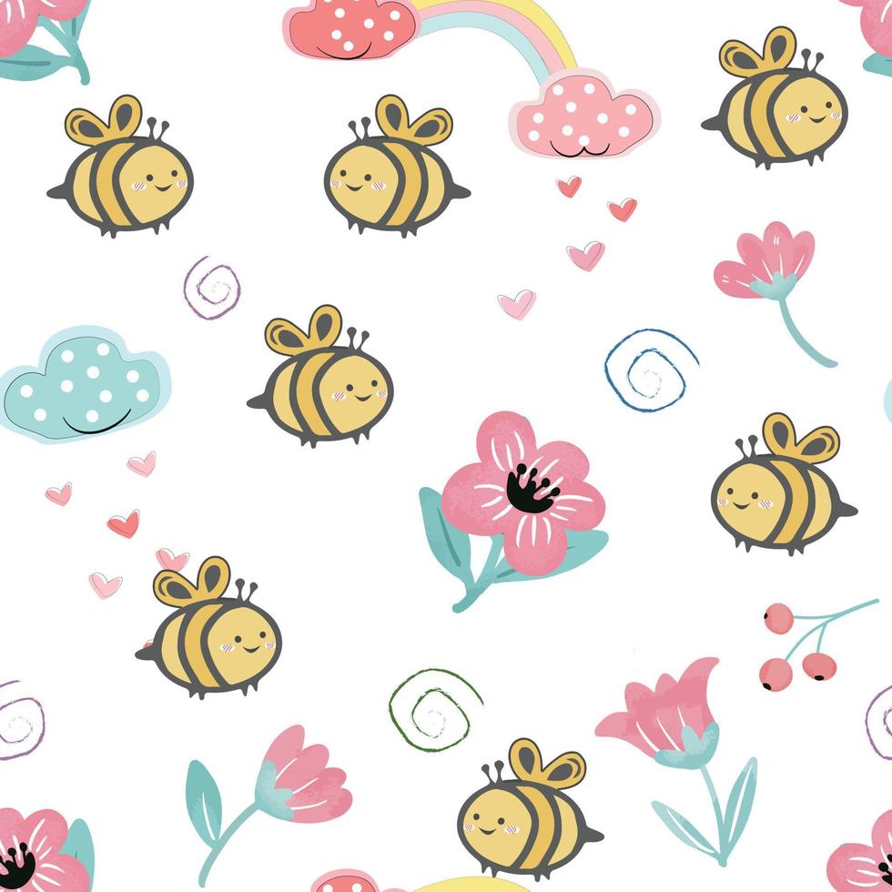 Cute bee and pink flower seamleass pattern vector