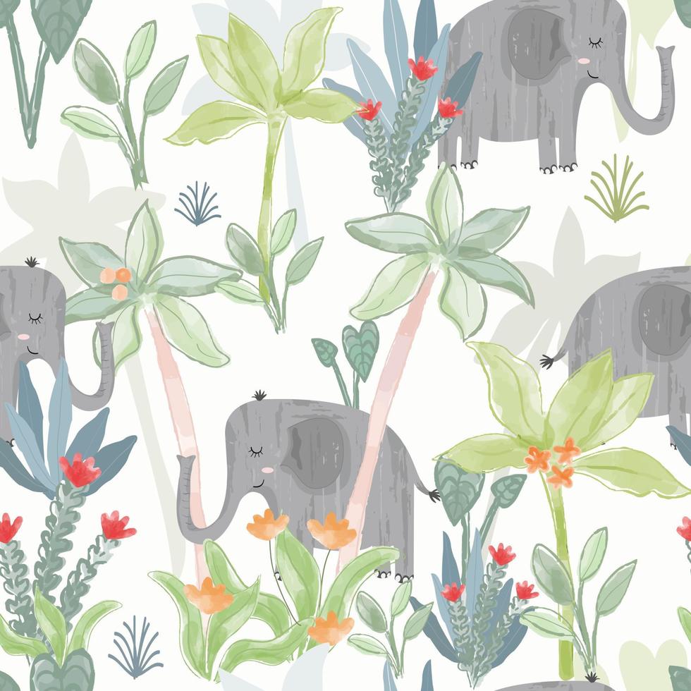 Cute elephant in tropical forest seamless pattern vector