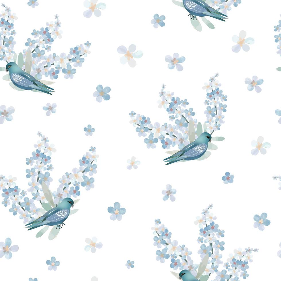 ramo de flores azul claro y patrones sin fisuras de aves vector