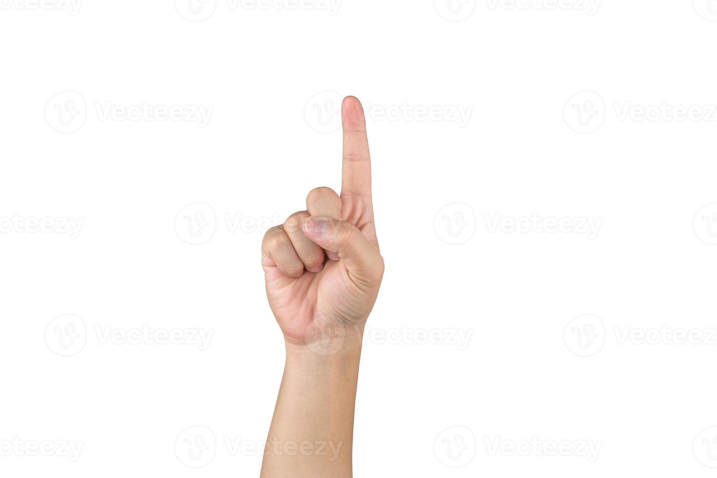 Asian hand shows and counts 1 finger on isolated white background  with clipping path photo