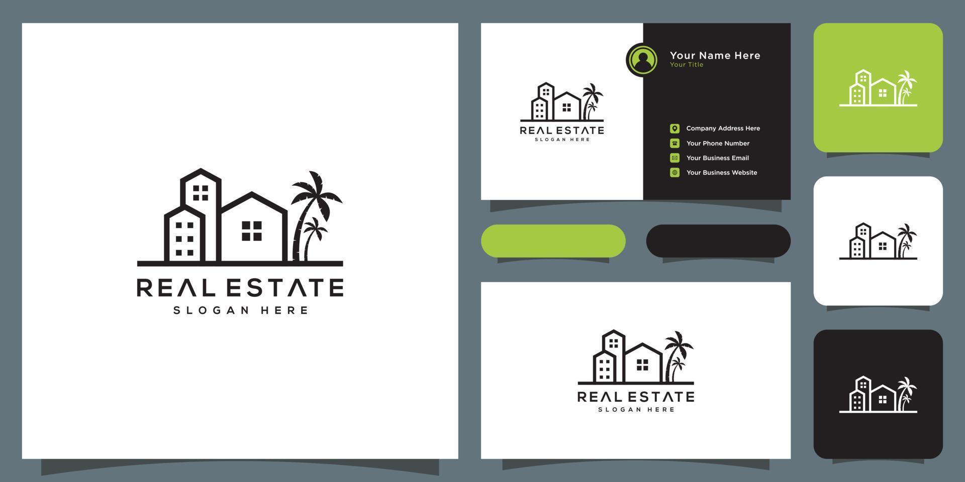 Real estate with building and house logo design and business card vector