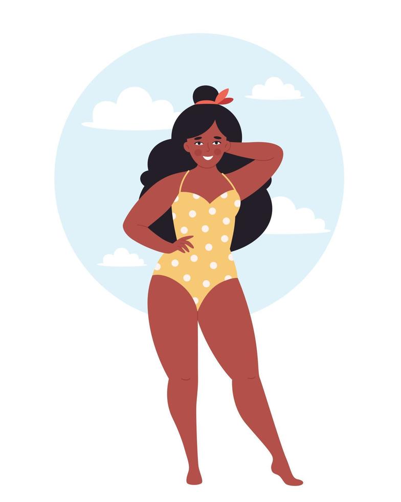 Black overweight woman in retro swimsuit. Hello summer. Body positive vector