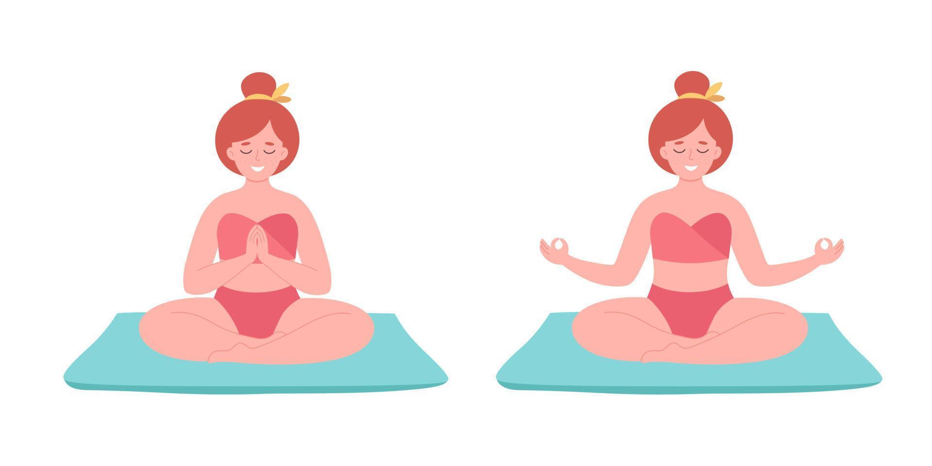 Woman meditating in swimsuit. Healthy lifestyle, yoga, relax, breathing exercise. Hello summer vector