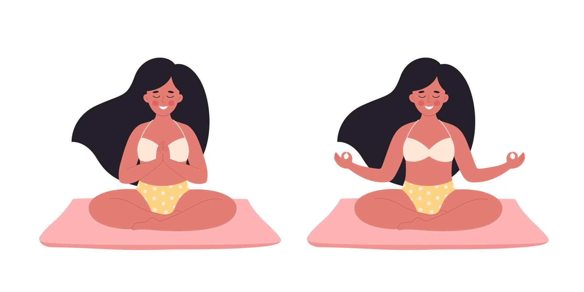 mujer meditando en posición de loto en estera de yoga. estilo de vida saludable, yoga, relajación, ejercicio de respiración vector