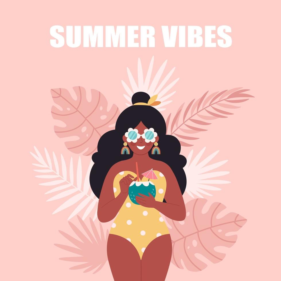 mujer negra con cóctel de verano. hola verano, vacaciones, hora de verano, fiesta de verano vector