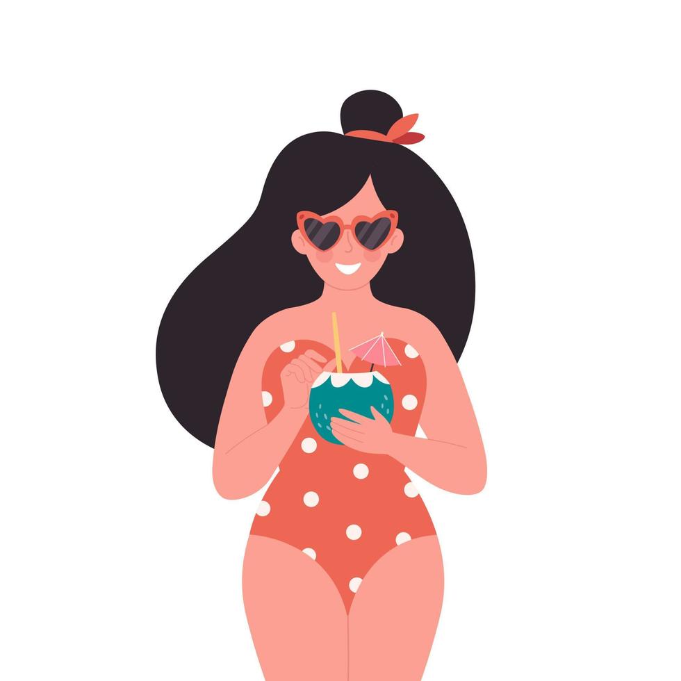 Woman with summer cocktail. Hello summer, vacation, summertime, summer party. vector