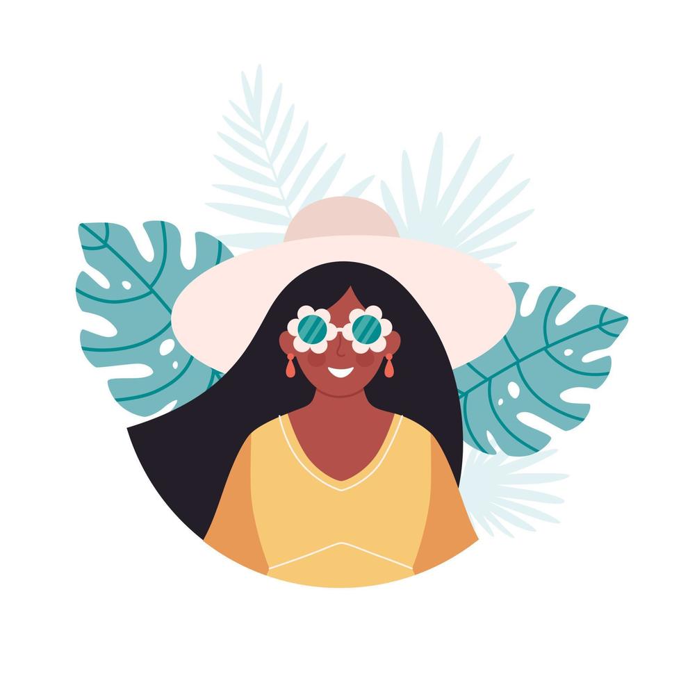 Black woman in hat and retro glasses on tropical leaves background. Hello summer greeting card vector