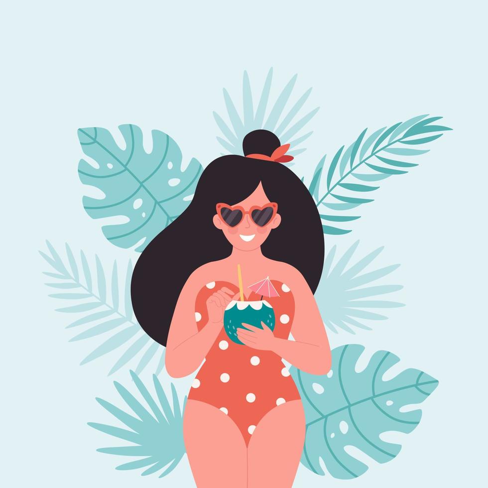 mujer con cóctel de verano. hola verano, vacaciones, verano, fiesta de verano. vector