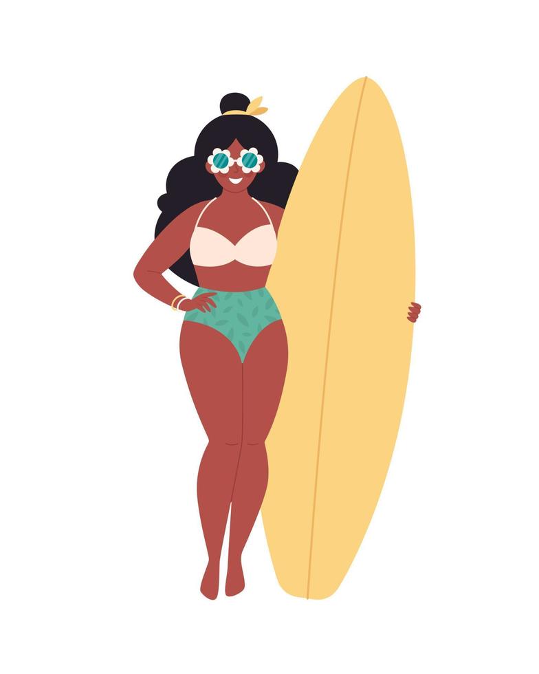 mujer negra con tabla de surf. actividad de verano, verano, surf. Hola Verano. vacaciones de verano vector