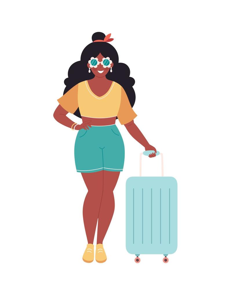 turista mujer negra con bolsa de viaje o equipaje. vacaciones de verano, viajes de verano, hora de verano vector