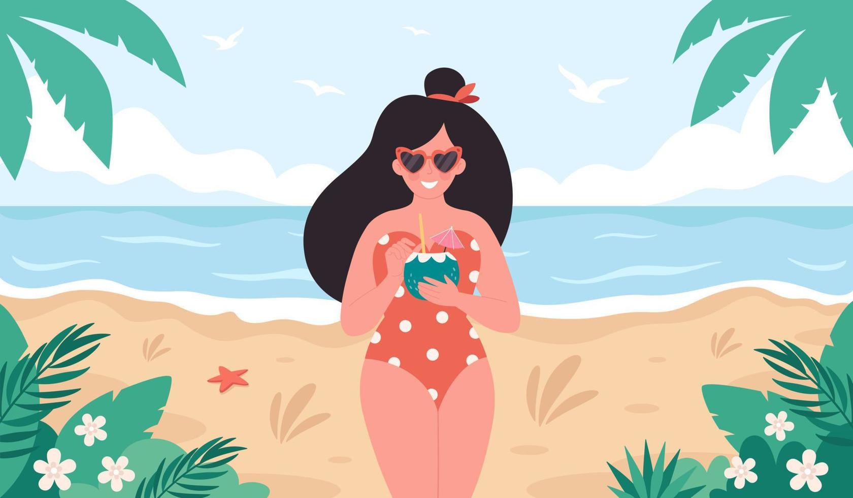 mujer con cóctel de verano. hola verano, vacaciones, verano, fiesta de verano. vector