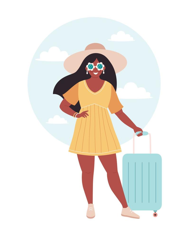 Black woman tourist with travel bag or luggage. Summer vacation, summer traveling, summertime vector