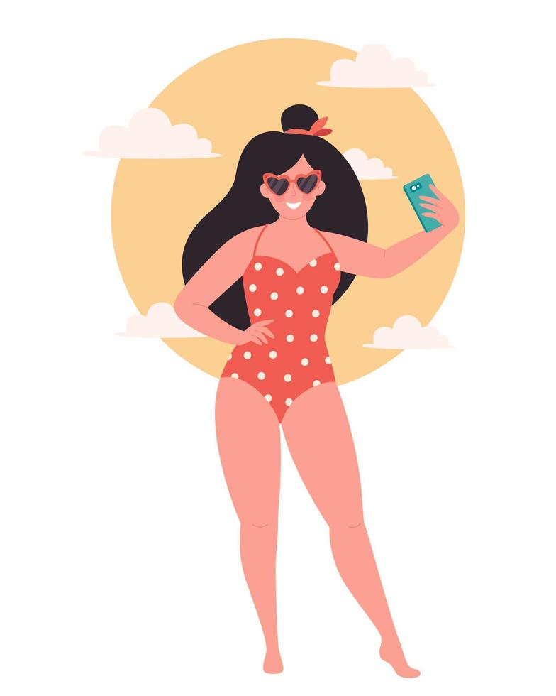 mujer con gafas retro y traje de baño haciendo selfie o grabando video en un fondo soleado. Hola Verano vector