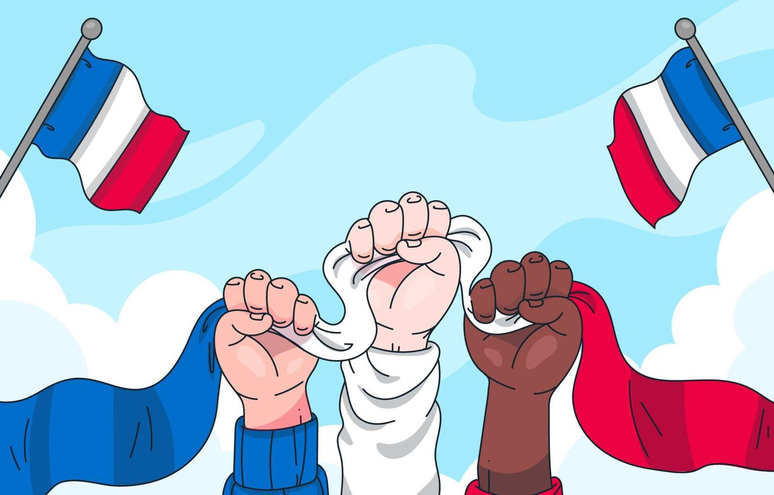 manos sosteniendo la bandera de francia en el día de la bastilla vector