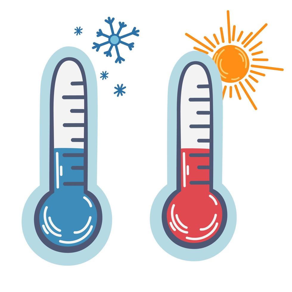 Thermometer. Two thermometers warm and cold. Weather forecast. Meteorological thermometers in Celsius and Fahrenheit measure heat and cold. Vector Hand draw illustration isolated