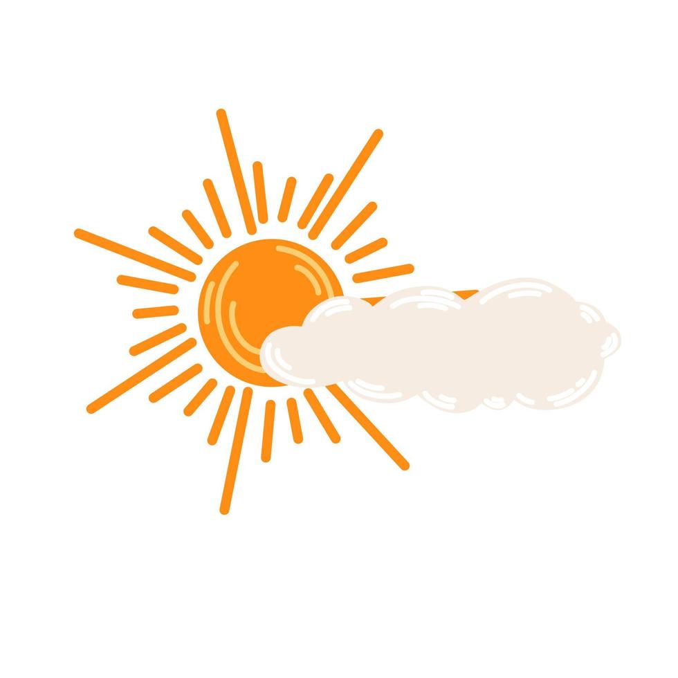 Sun with a cloud. Weather forecast. Meteorological. Cloudy weather symbol for web printing and applications. Vector Hand draw illustration isolated on the white background.