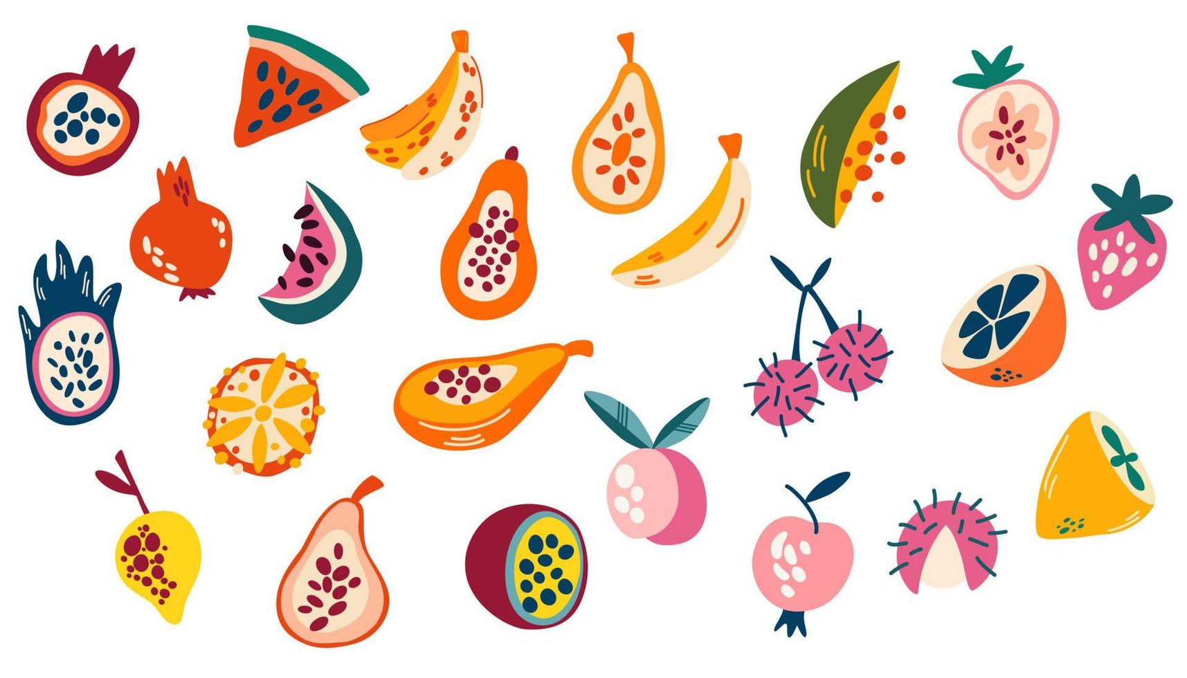 Fruit Set. Tropical fruits, pomegranate, cherry, pear, apple, kiwi, peach, mango, fig, papaya. Sweet healthy food. Vector cartoon hand draw illustration