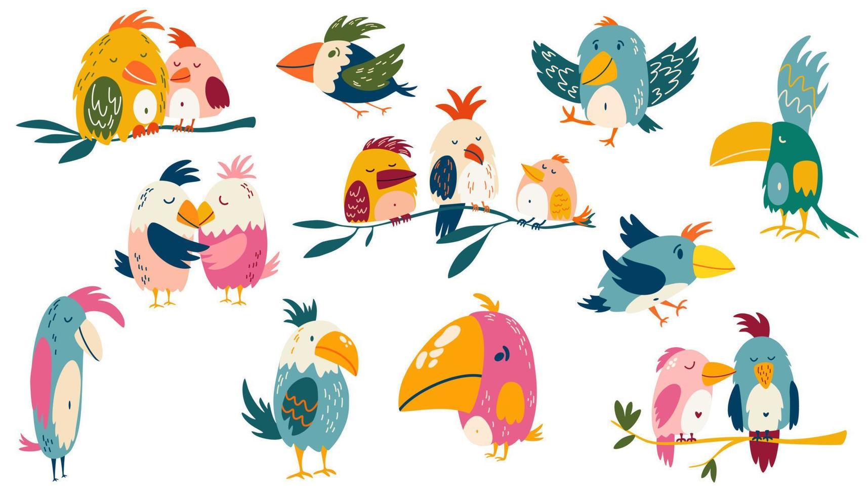 Parrots set. Exotic birds. Great for children cards, prints and greeting card. Isolated vector clip art illustration.