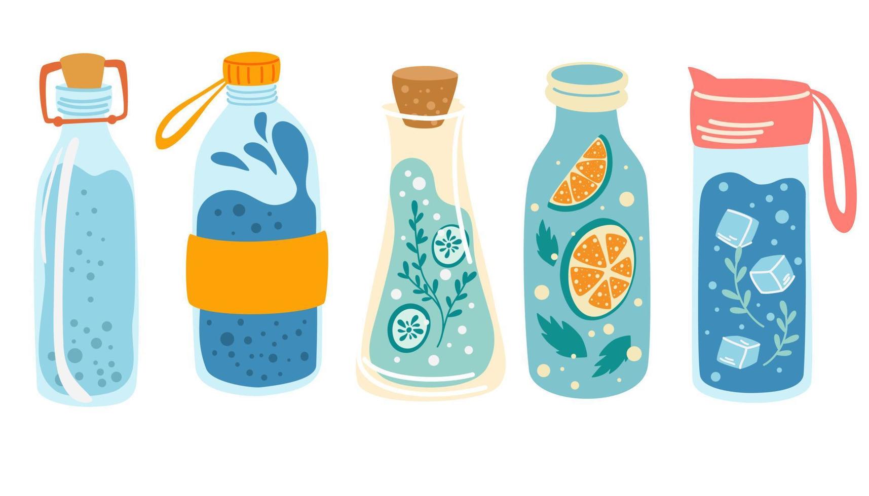 Water Bottles set. Concept detox drink, drinking water in a thermos, glass bottle. Ice water. Refreshing summer drink. Healthy lifestyle daily habits, wellness, morning rituals. Vector illustration