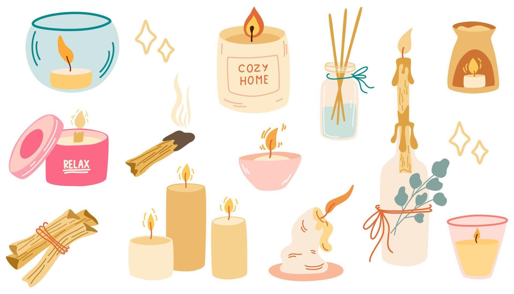 velas e incienso. conjunto para la relajación de la aromaterapia y el confort del hogar. velas, palo santo, candelabros perfumados y candelabros. ilustraciones de dibujos animados vectoriales aisladas en un fondo blanco. vector