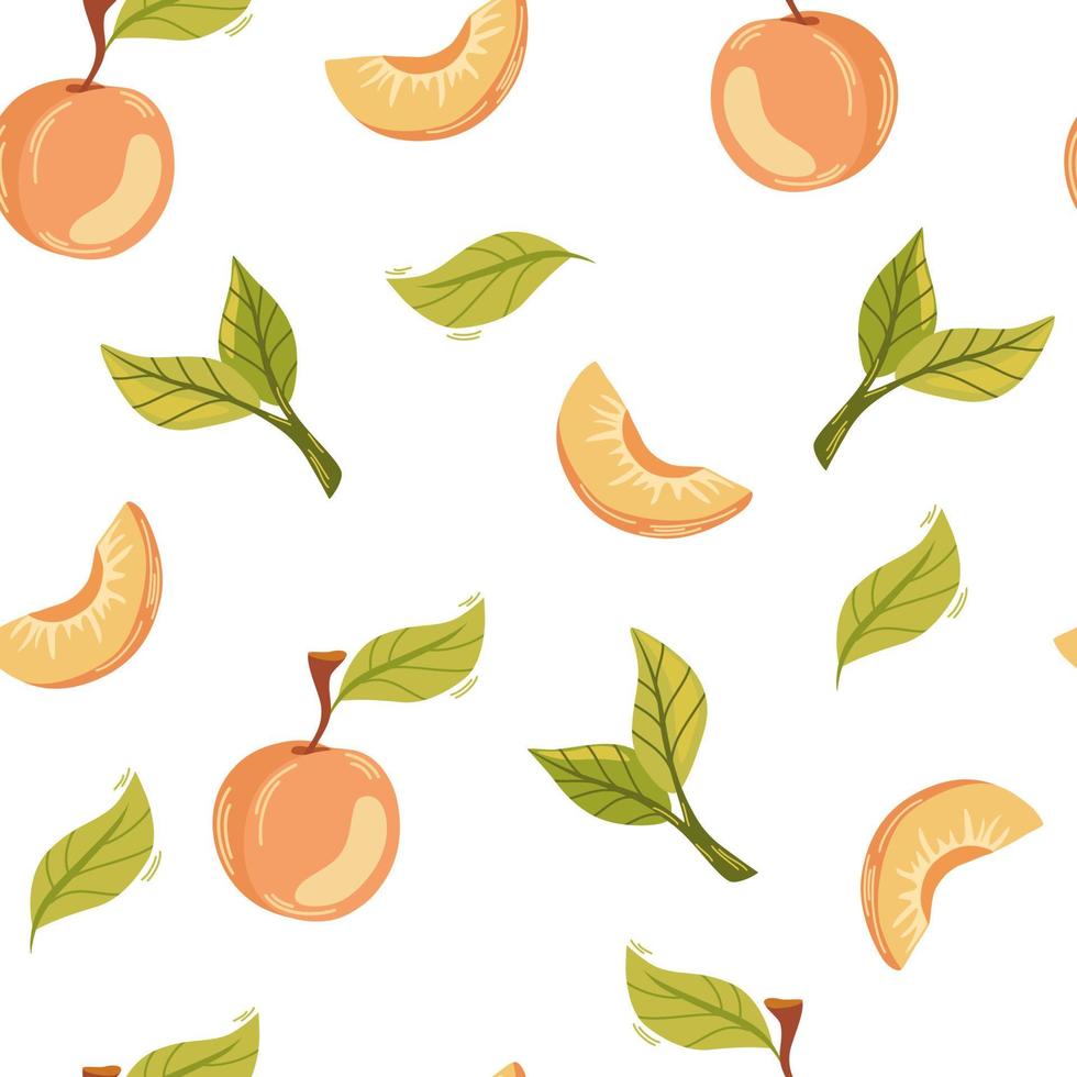 Apricot fruit seamless pattern. Rise garden plant whole and half piece with stem and kernel. Juicy natural healthy fruit. Perfect for wallpaper, fabric, interior decor. Vector cartoon illustration