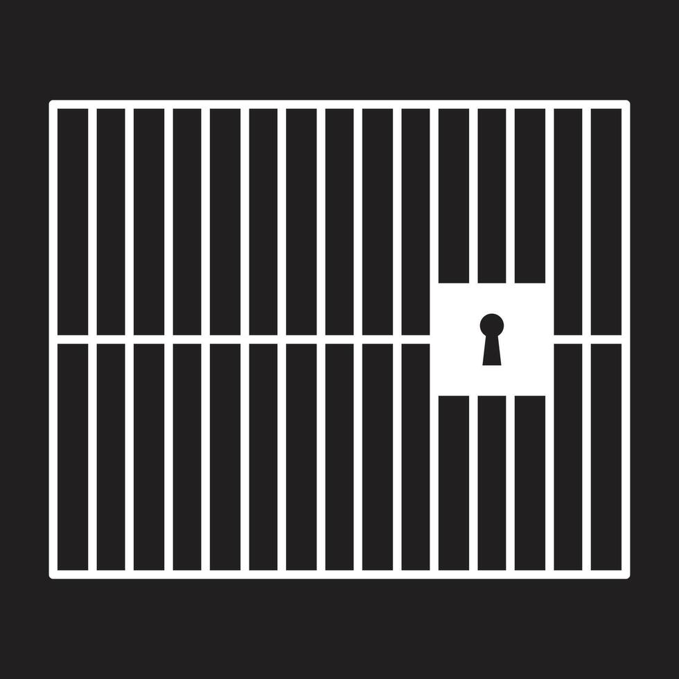 eps10 white vector jail or prison icon with locked door and vertical bars in simple flat trendy style isolated on black background