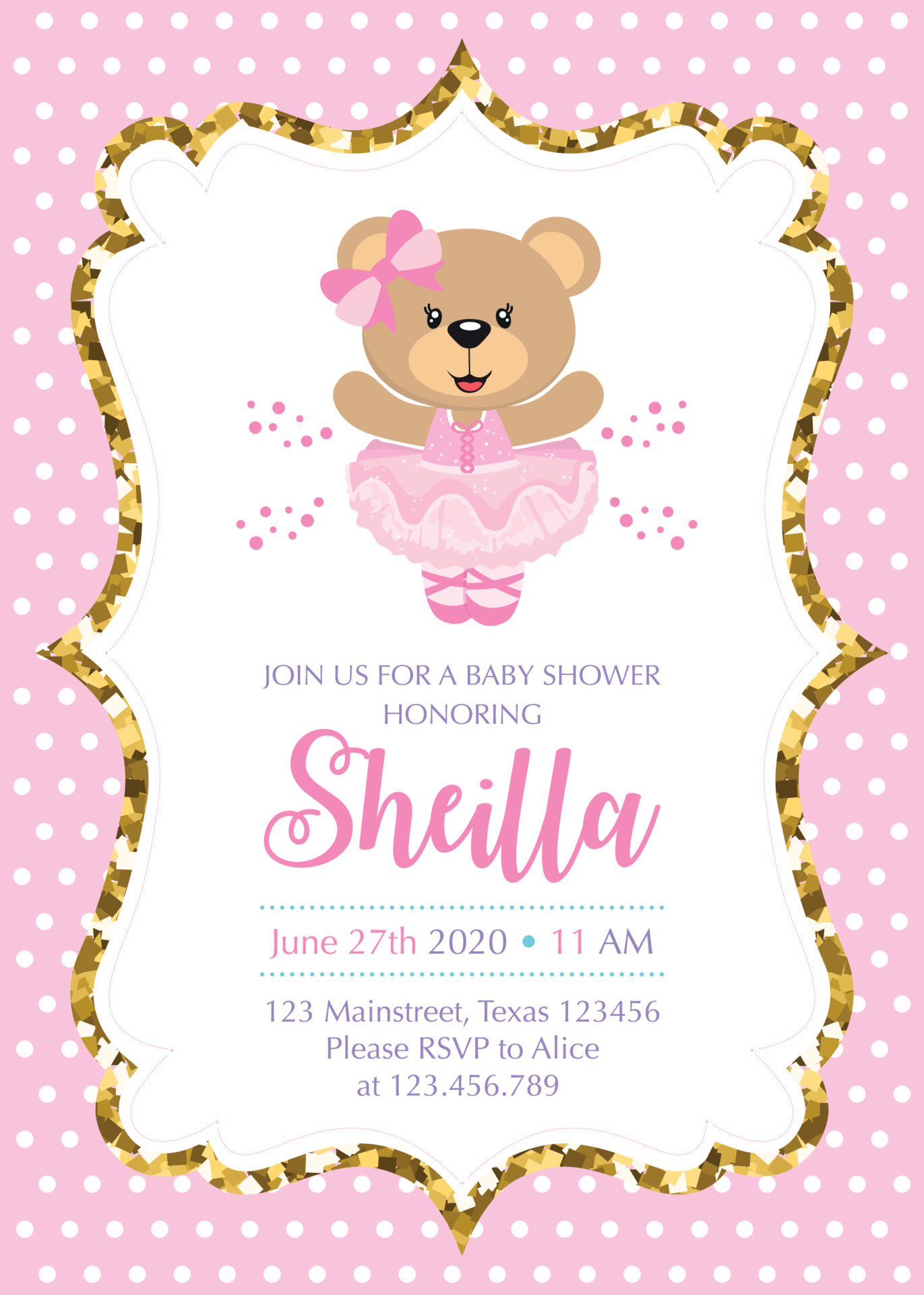 invitación de baby shower niña con lindo oso bailarina 7980402 Vector en  Vecteezy