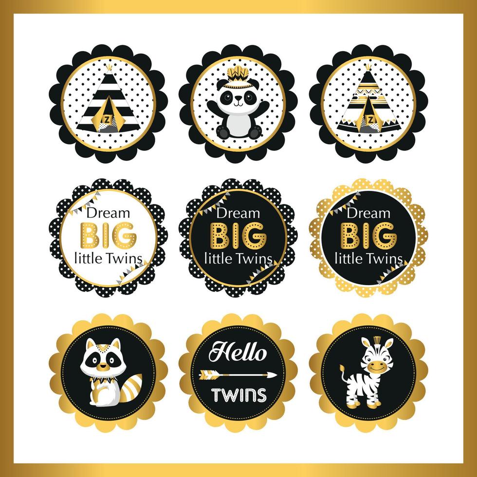 baby shower twins Toppers or sticker with gold and black theme vector