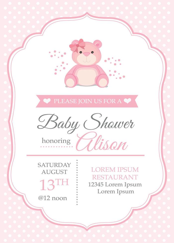 plantilla de invitación de baby shower con oso rosa vector