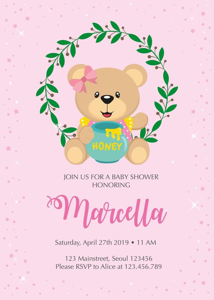Baby shower invitation with cute girl bear vector