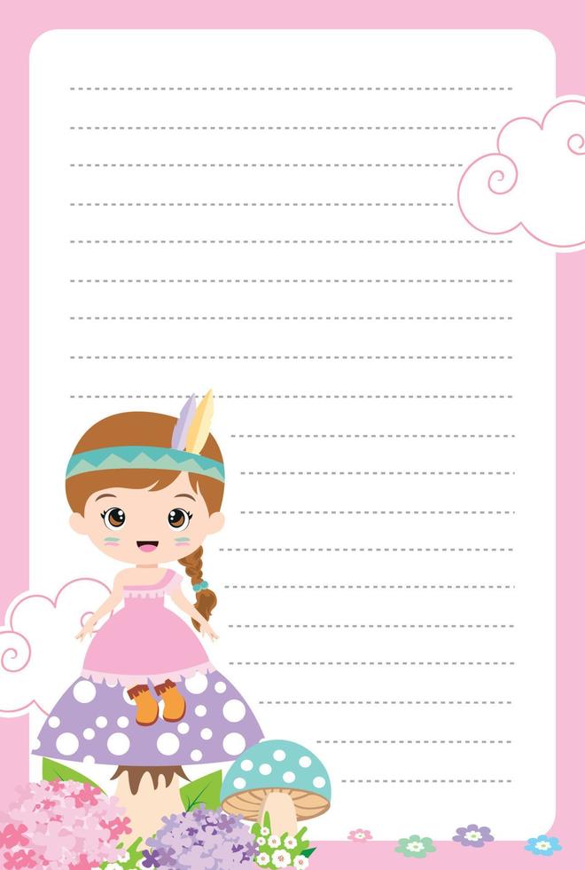 Cute page for notes with little boho girl. Notebooks,decals, diary,cards, school accessories. vector