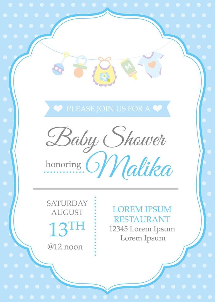 Classic baby boy shower invitation template with baby toys vector