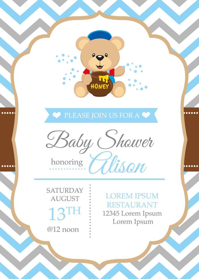 Baby boy shower invitation with cute bear vector