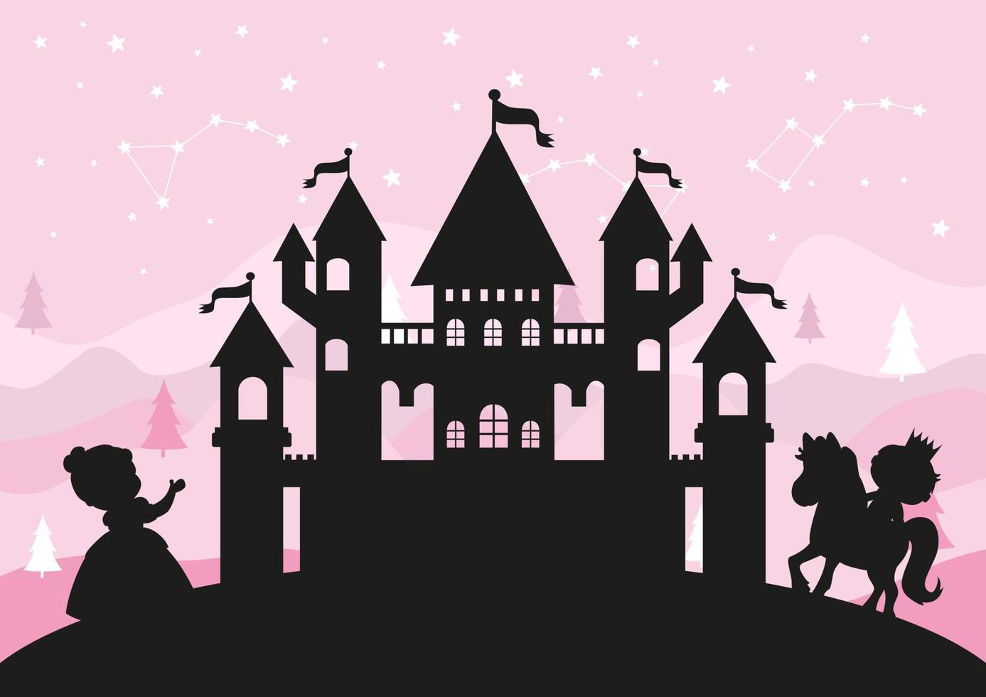 Silhouette of castle, prince and princess free vector