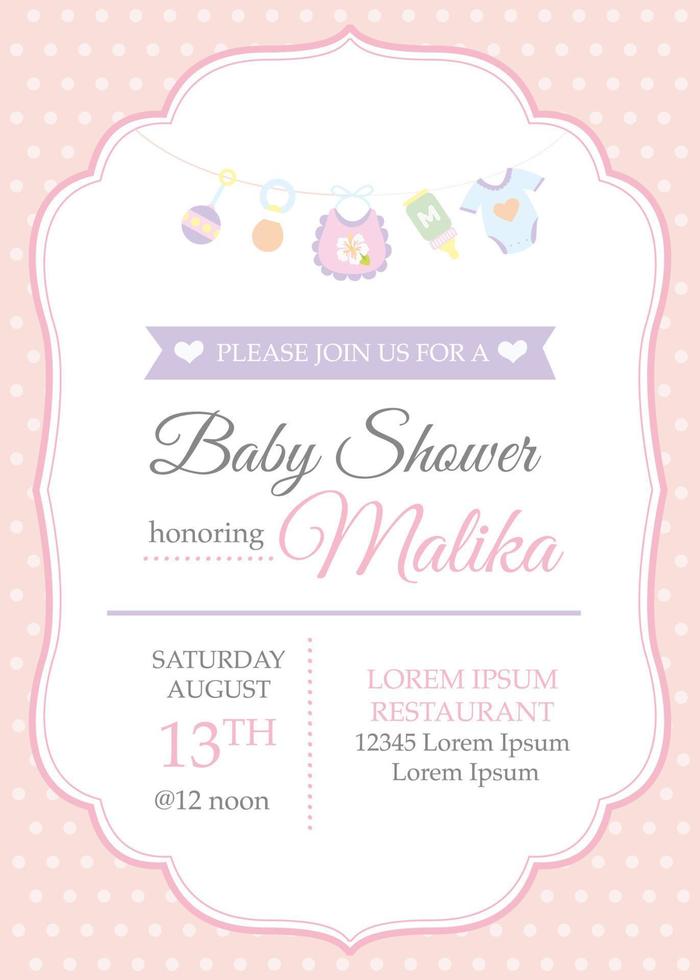 Classic baby girl shower invitation template with baby toys vector