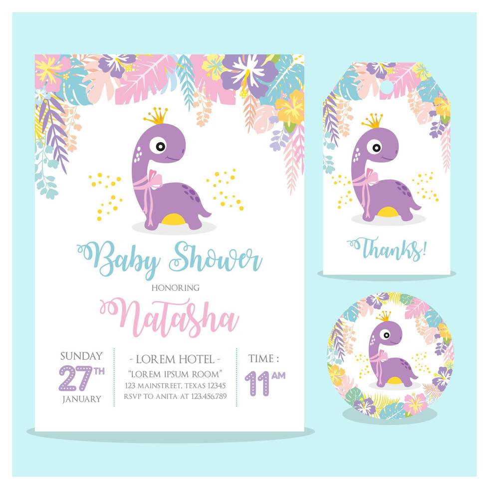 juego de tarjeta de baby shower con posavasos y etiqueta de agradecimiento. pequeña fiesta temática de niña dinosaurio vector