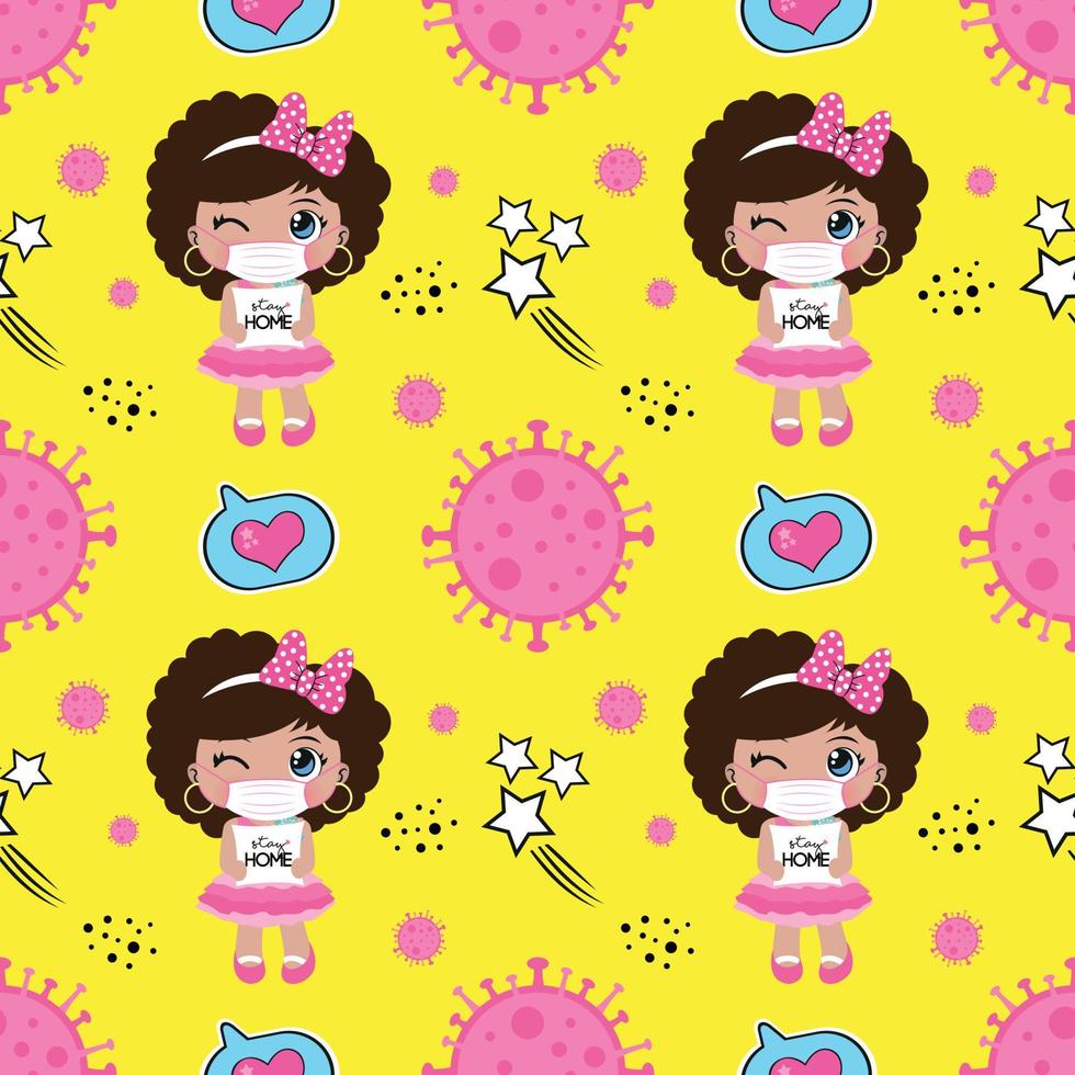 Seamless pattern with cute black girl wearing mask cartoon, textile fabric pattern print, wrapping paper, book cover, pajamas pattern, face mask for kids vector