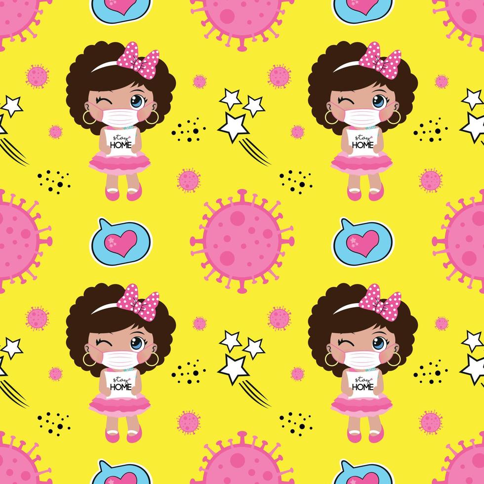 Seamless pattern with cute black girl wearing mask cartoon, textile fabric pattern print, wrapping paper, book cover, pajamas pattern, face mask for kids vector
