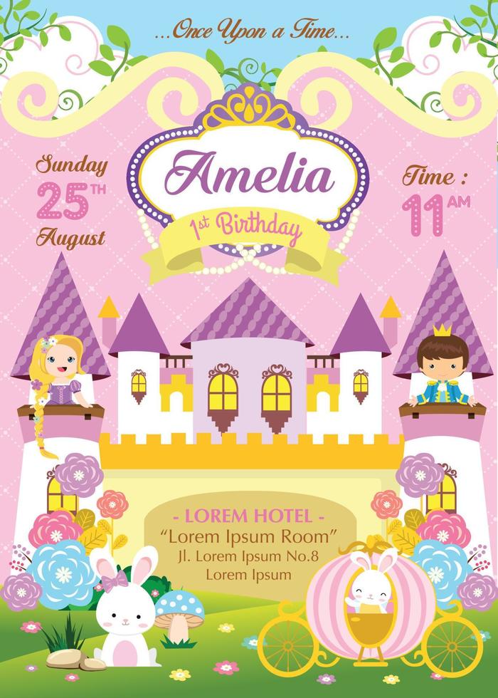 invitación de cumpleaños con lindo príncipe y princesa vector