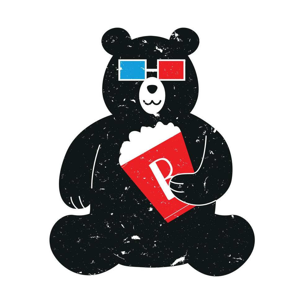 Bear holding a pop corn bucket and wearing 3d glasses illustration vector