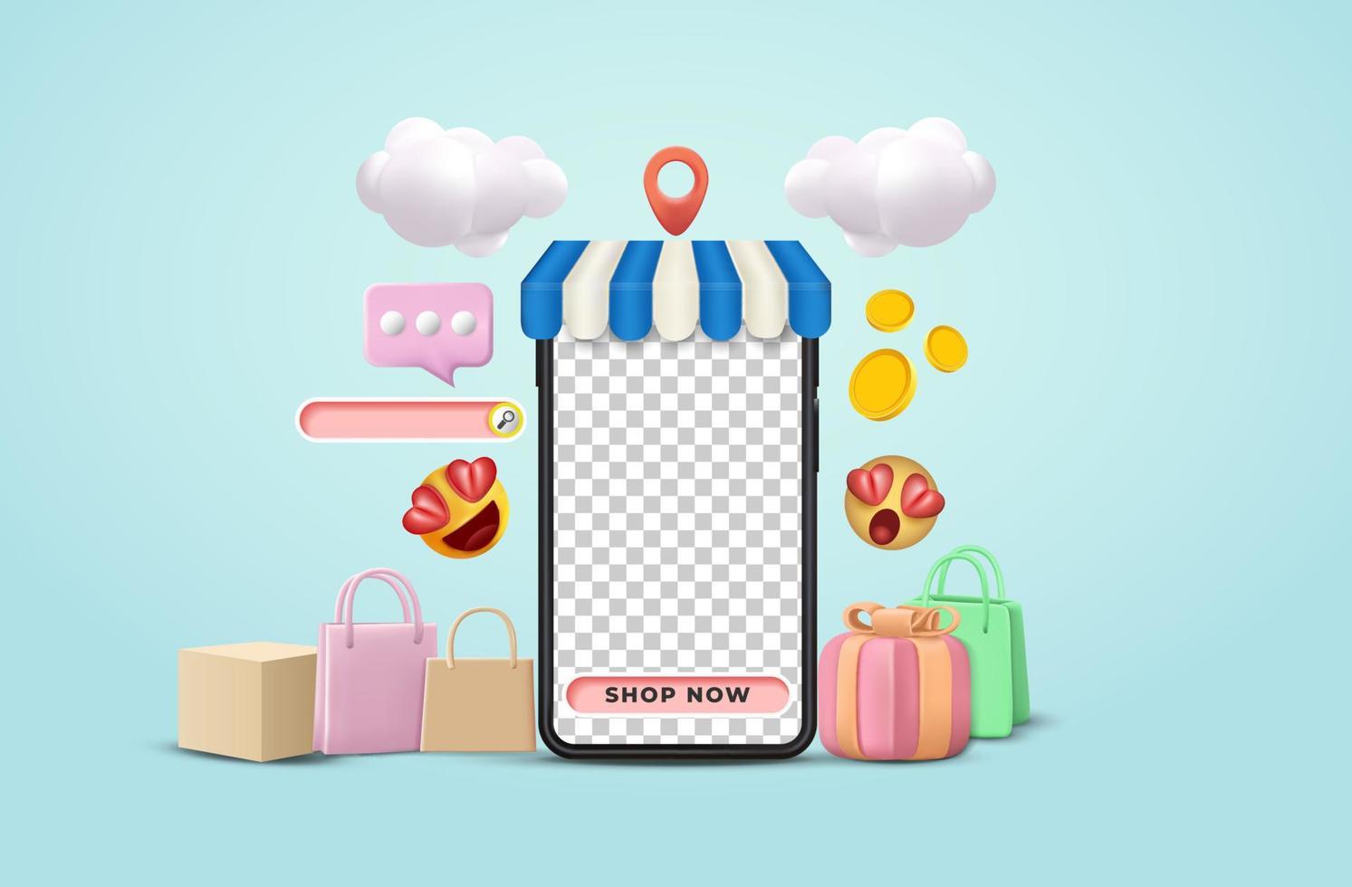 ilustración 3d de compras en línea, tienda en línea, pago en línea y concepto de entrega. banner de venta, bolsa, descuento, publicidad social. Ilustración vectorial 3d. vector