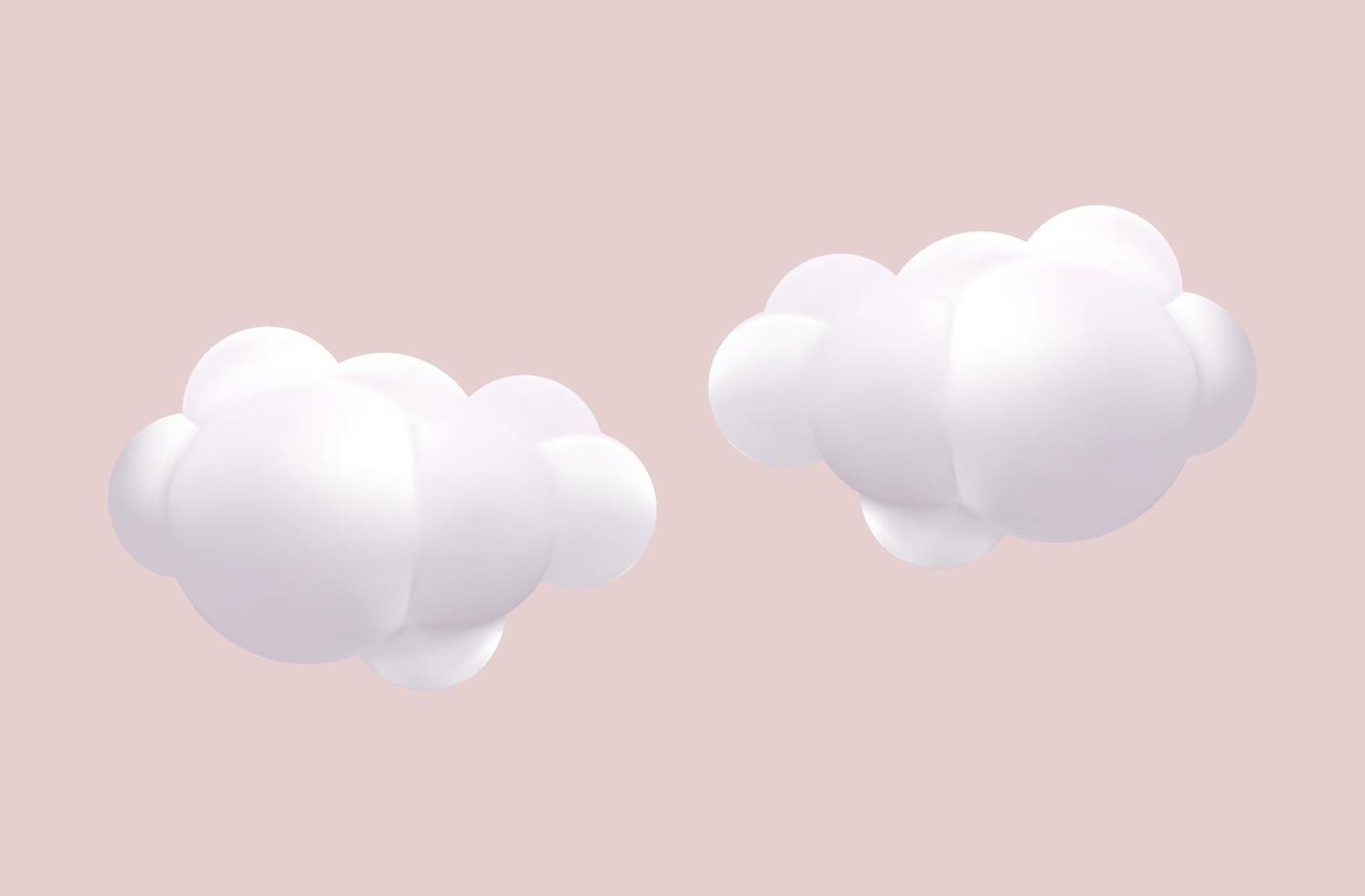 conjunto de nubes 3d blancas aisladas en un fondo fink. renderice un icono de nubes esponjosas de dibujos animados redondos suaves en el cielo azul. Ilustración de vector de formas geométricas 3d