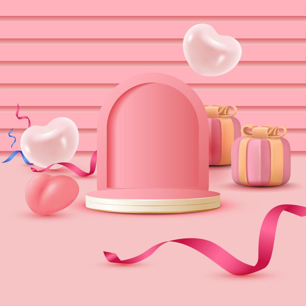 Diseño de escena del día de san valentín 3d. podio redondo con juguete en forma de corazón y cajas de regalo. concepto de sorpresa y envío de amor. vector