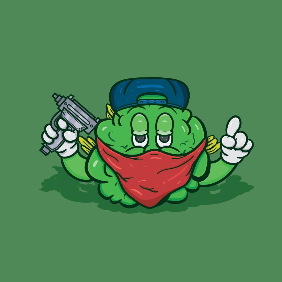 mascota de dibujos animados de brote de hierba con pistola y estilo mafioso. vector e ilustración