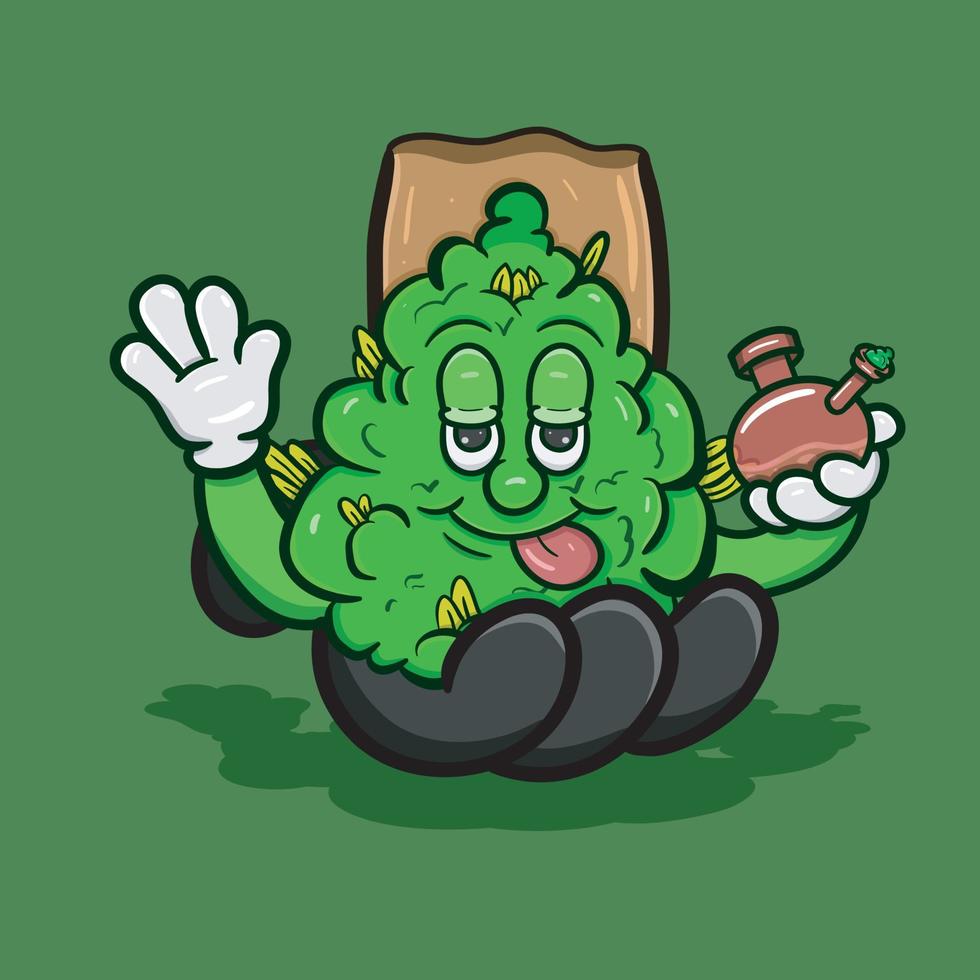 Cartoon Mascot Of  Weed Bud with Glass bong and on Big Hand . Vector And Illustration