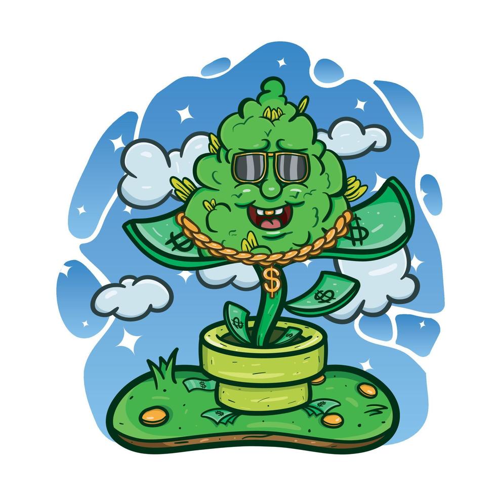 mascota de dibujos animados de la planta de cogollos de hierba con dinero. vector